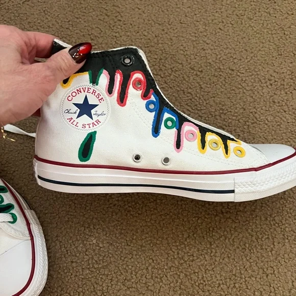 Converse White and Black Sneakers with Multicolor Drip Design - Picture 5 of 7